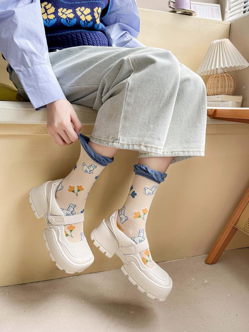 MarJunSep Cute Floral Crew Socks for Women Teen Girls Flower Cottagecore Frilly Vintage Fancy Cotton Socks - Image 2